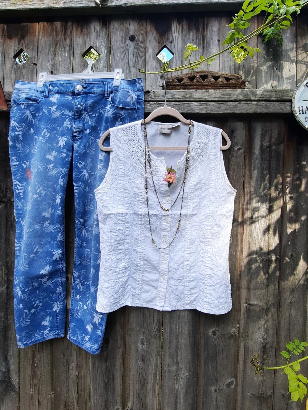 SPORTIQUE 100% Cotton Sleeveless Embroider and Crochet Button-Down Top